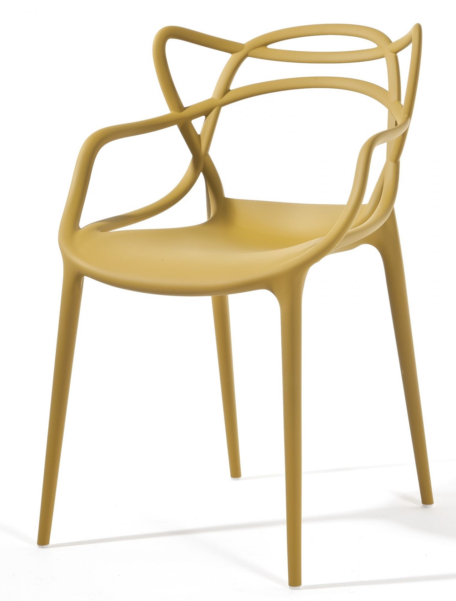 Masters Stuhl in Senfgelb: Designstuhl mit Armlehnen und filigraner Rückenlehne für modernes Wohnen.