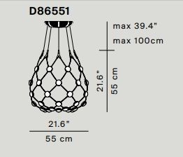 Skizze der D86 Mesh Deckenleuchte (Ø55cm) von Luceplan mit Maßangaben. Design Hängeleuchte.