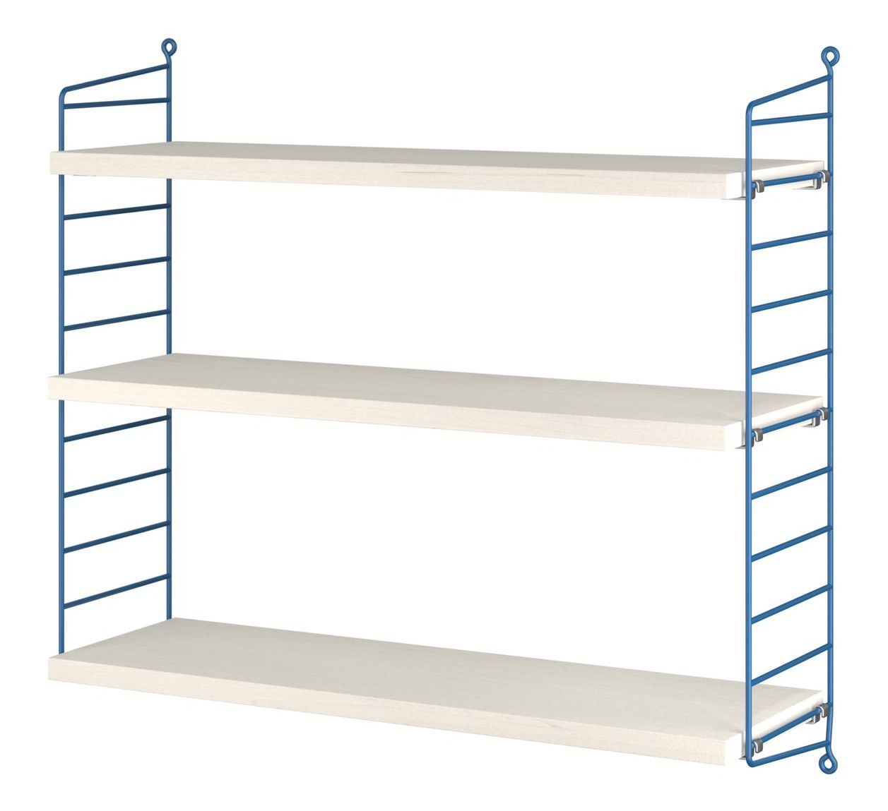 String Pocket Regal mit drei hellen Regalböden und blauen Seitenteilen, modernes Design.