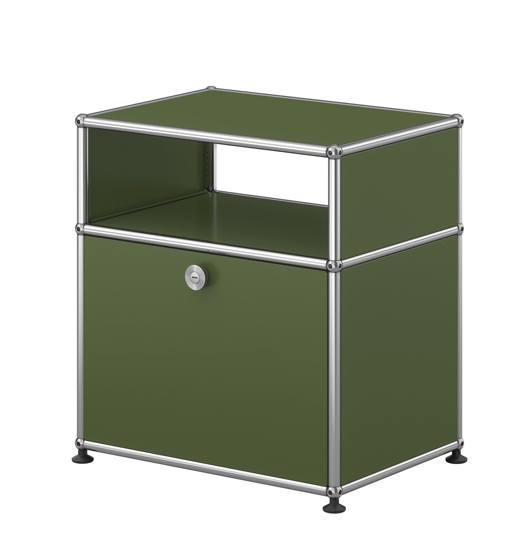 USM Haller Nachttisch in Olivgrün mit Klapptür, modernes modulares Möbeldesign für Schlafzimmer.