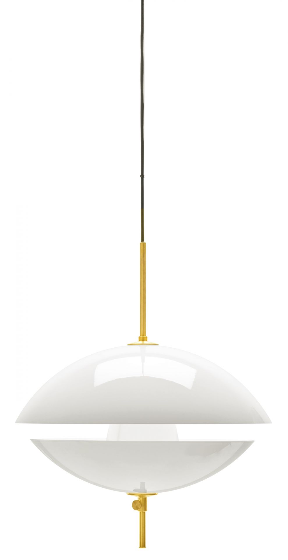 Weiße Clam Pendelleuchte von Fritz Hansen, modernes Design mit goldenen Akzenten.