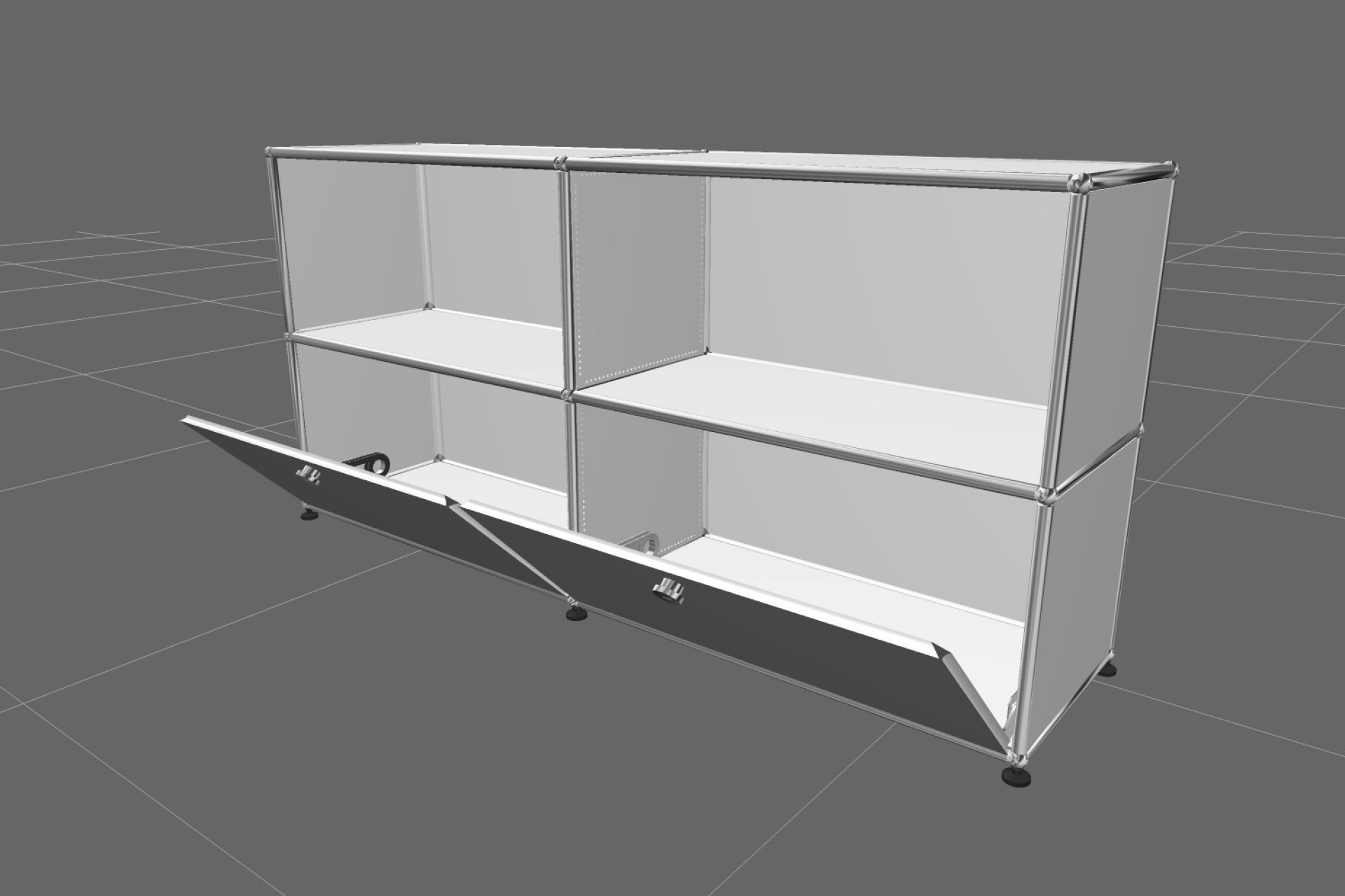 USM Haller Sideboard in Reinweiß mit zwei offenen Fächern und zwei Klappen, modernes Designmöbel.
