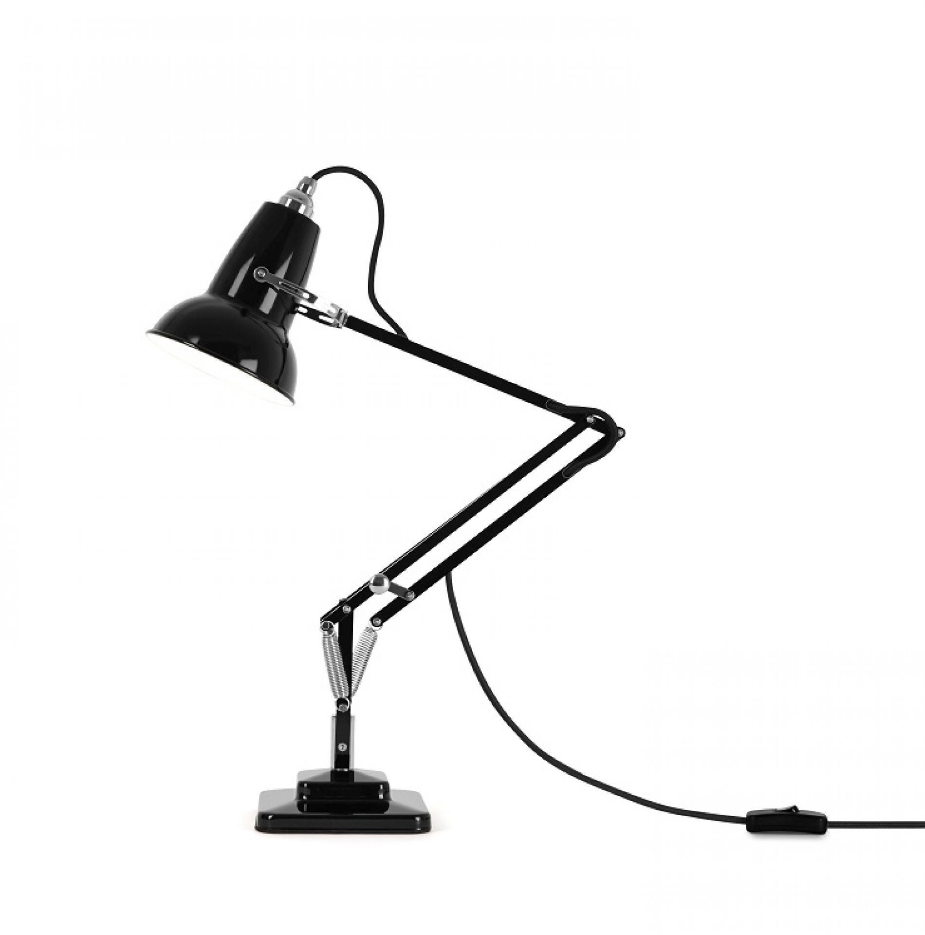 Schwarze Anglepoise Original 1227 Mini Tischleuchte mit verstellbarem Arm und Lampenschirm. Designklassiker für Büro und Zuhause.