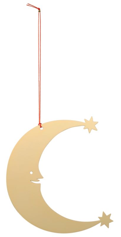 Girard Ornaments Vitra-Mond: Goldener Mond mit Gesicht und Sternen, hängende Weihnachtsdekoration.