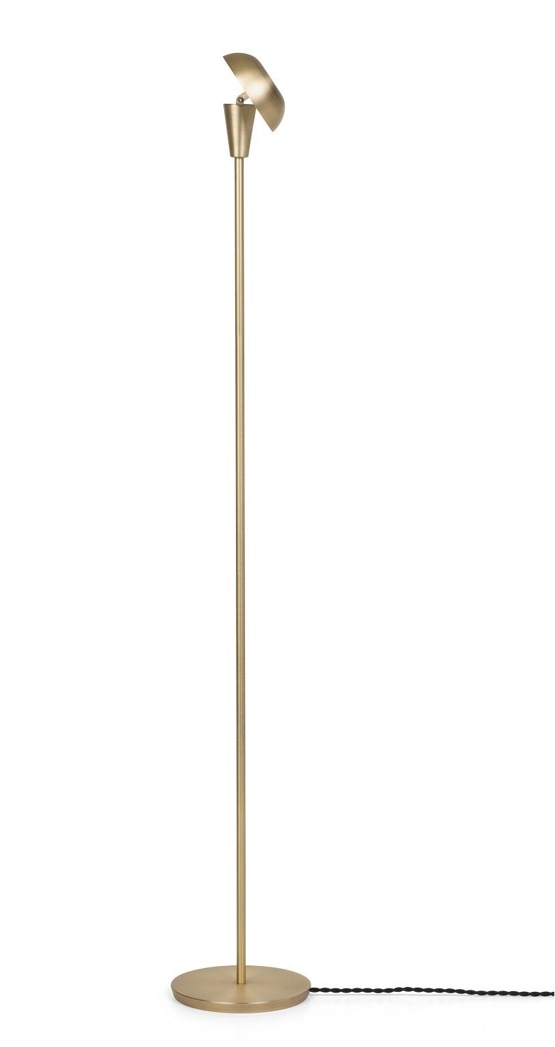 Goldene Tiny Floor Lamp Stehleuchte von Ferm Living, moderne Stehlampe mit Lampenschirm und rundem Fuß.
