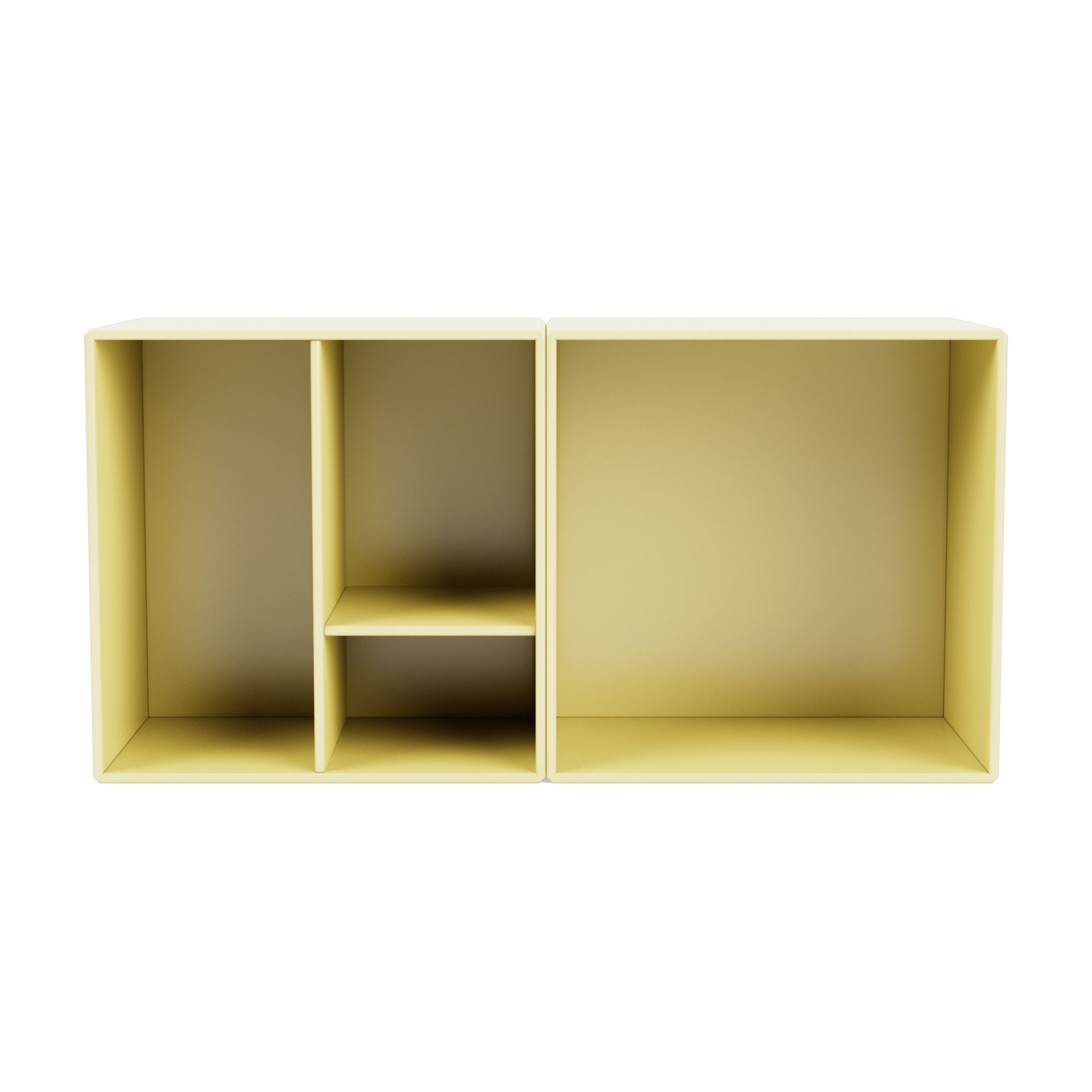 Gelbes Montana Mini Modul mit Regalböden, modernes Design für Wohnzimmer und Büro.