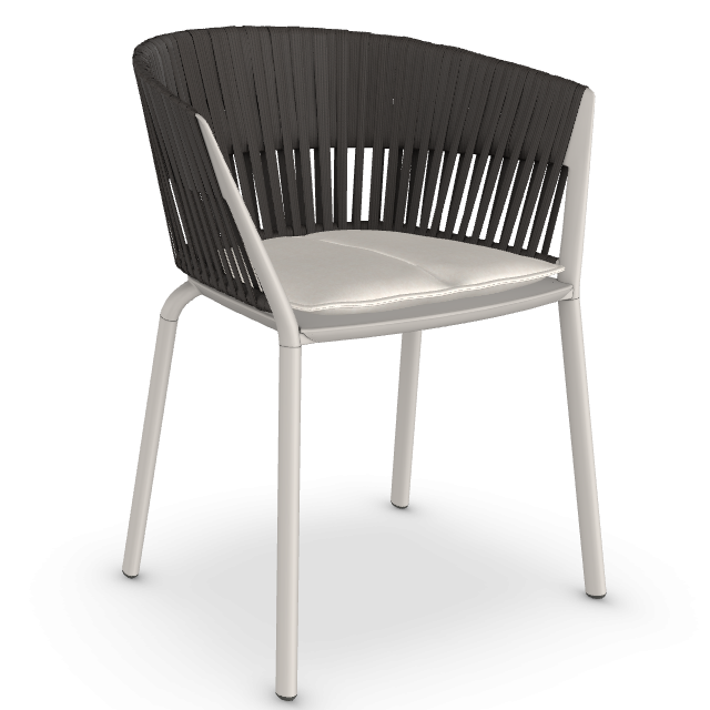 Ria Stuhl mit grauem Seilgeflecht und weißem Rahmen, bequemer Sitzkissen. Moderner Designstuhl.