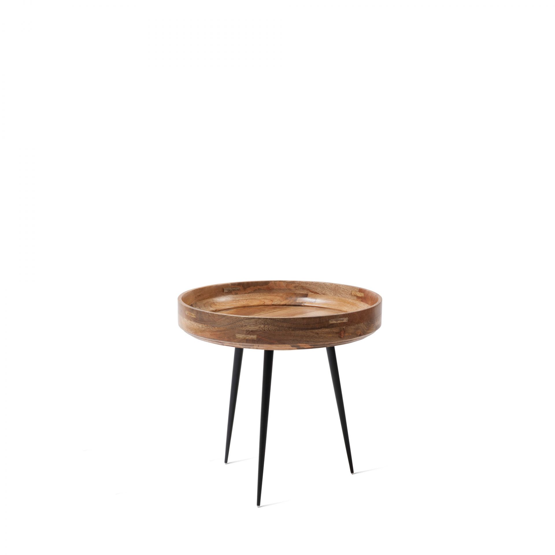 Bowl Table aus Mangoholz mit schwarzen Beinen, kleiner Beistelltisch für Wohnzimmer und Schlafzimmer.