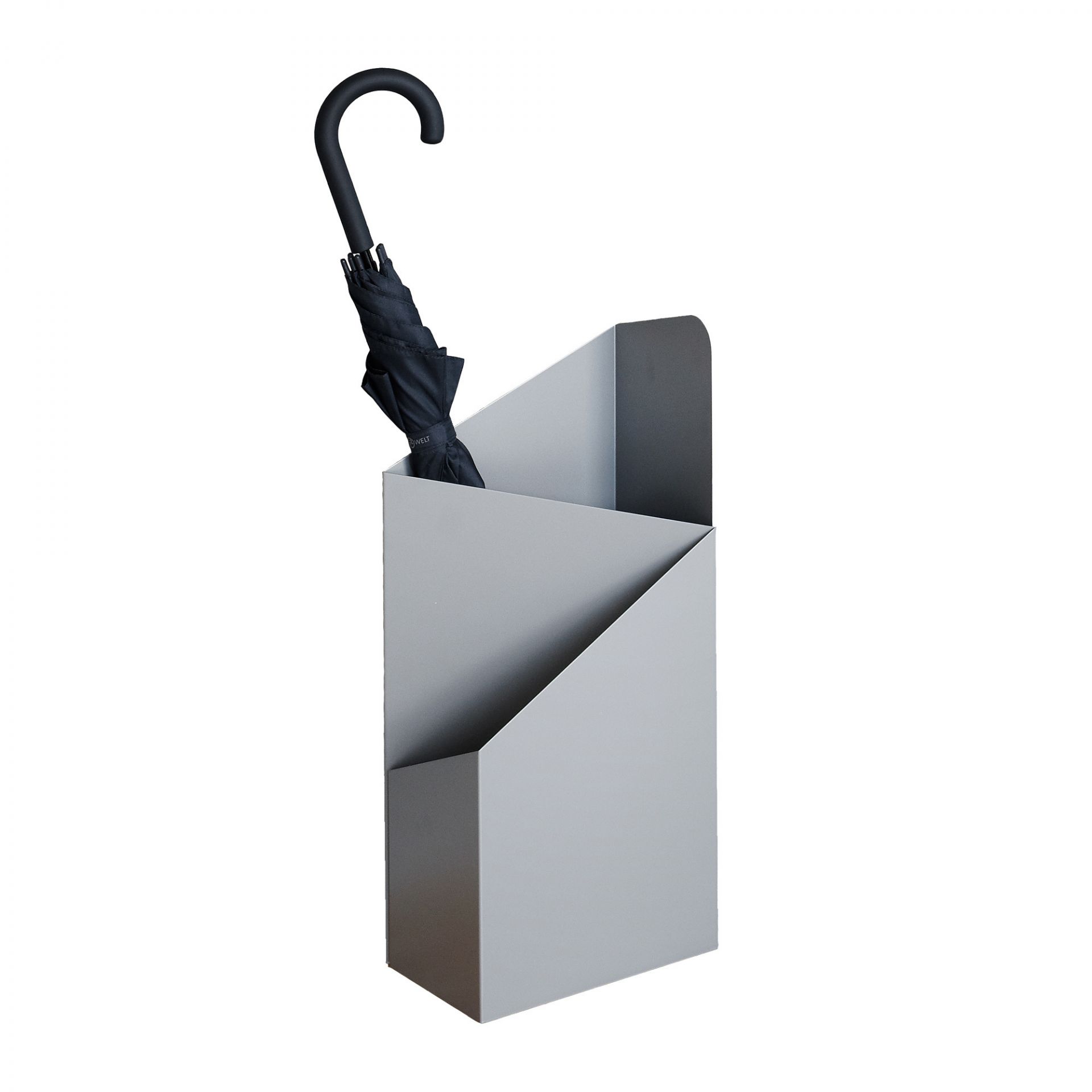 Via Schirmständer Mox grau mit schwarzem Regenschirm, moderner und platzsparender Schirmständer für Flur und Eingangsbereich.