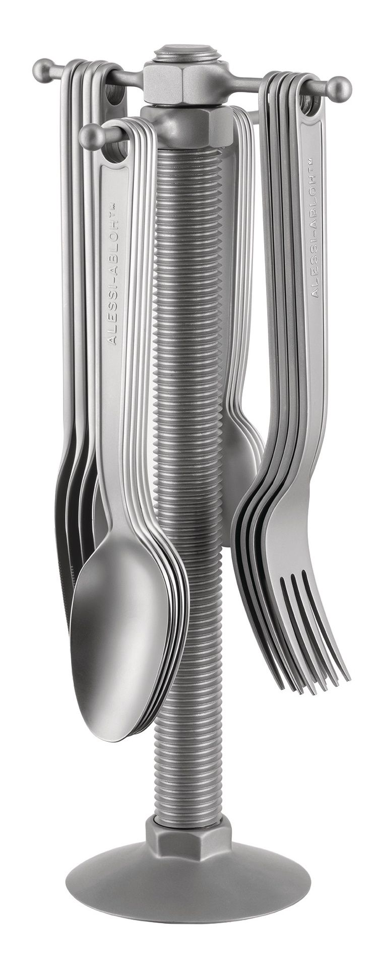 Alessi VA02 Besteckgarnitur auf ungewöhnlichem Ständer, modernes Design Besteckset aus Edelstahl.