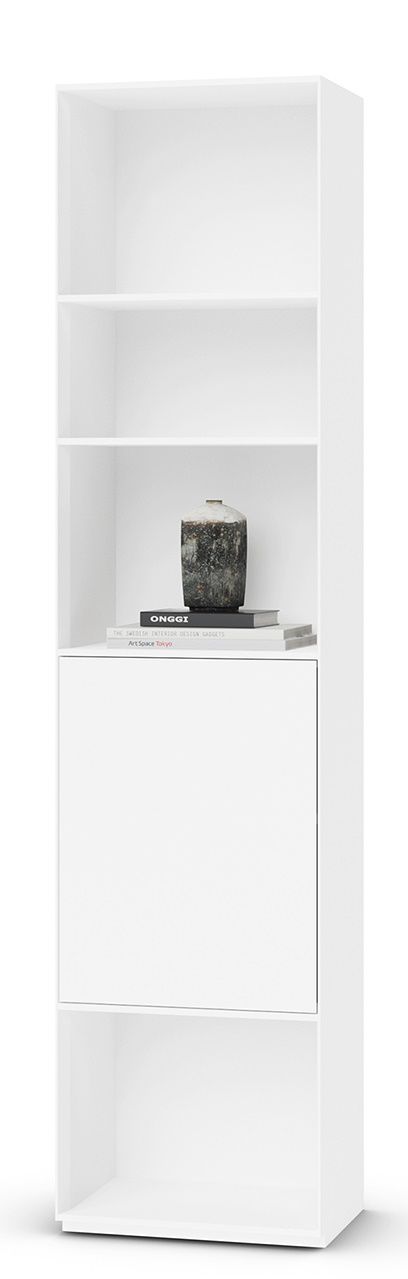 Weißes Nex Pur Regal mit Tür unten und Fachböden, modernes Design für Wohnzimmer.