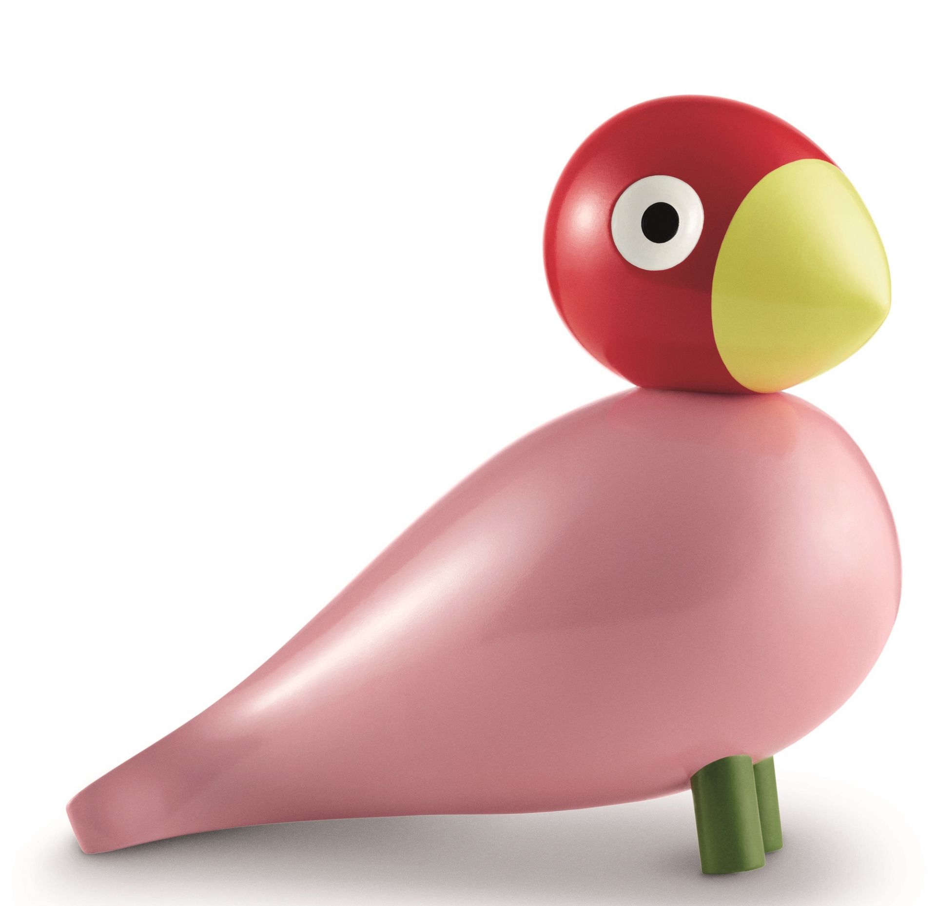 Holzfigur Songbird Ruth von Kay Bojesen: Rosa Vogel mit rotem Kopf und gelbem Schnabel.