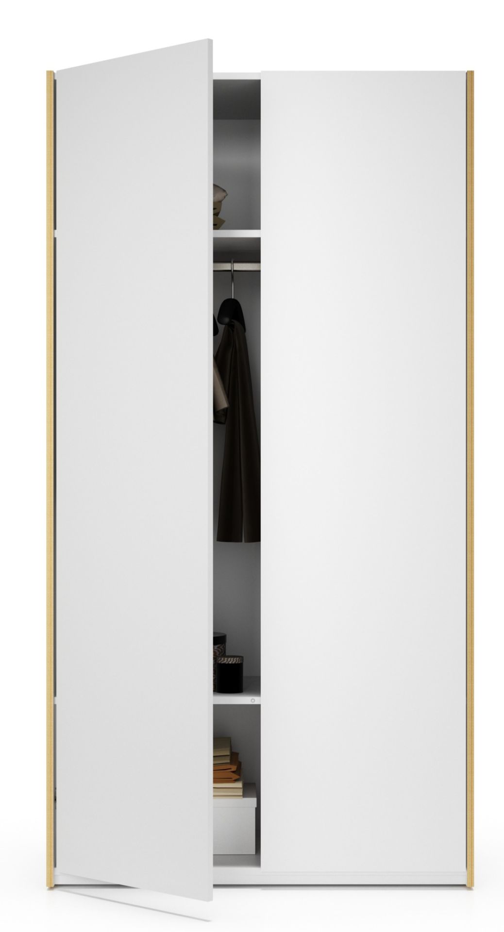 MODULAR PLUS Schrank von Müller Möbelwerkstätten, weiß, mit offener Tür und Innenleben.