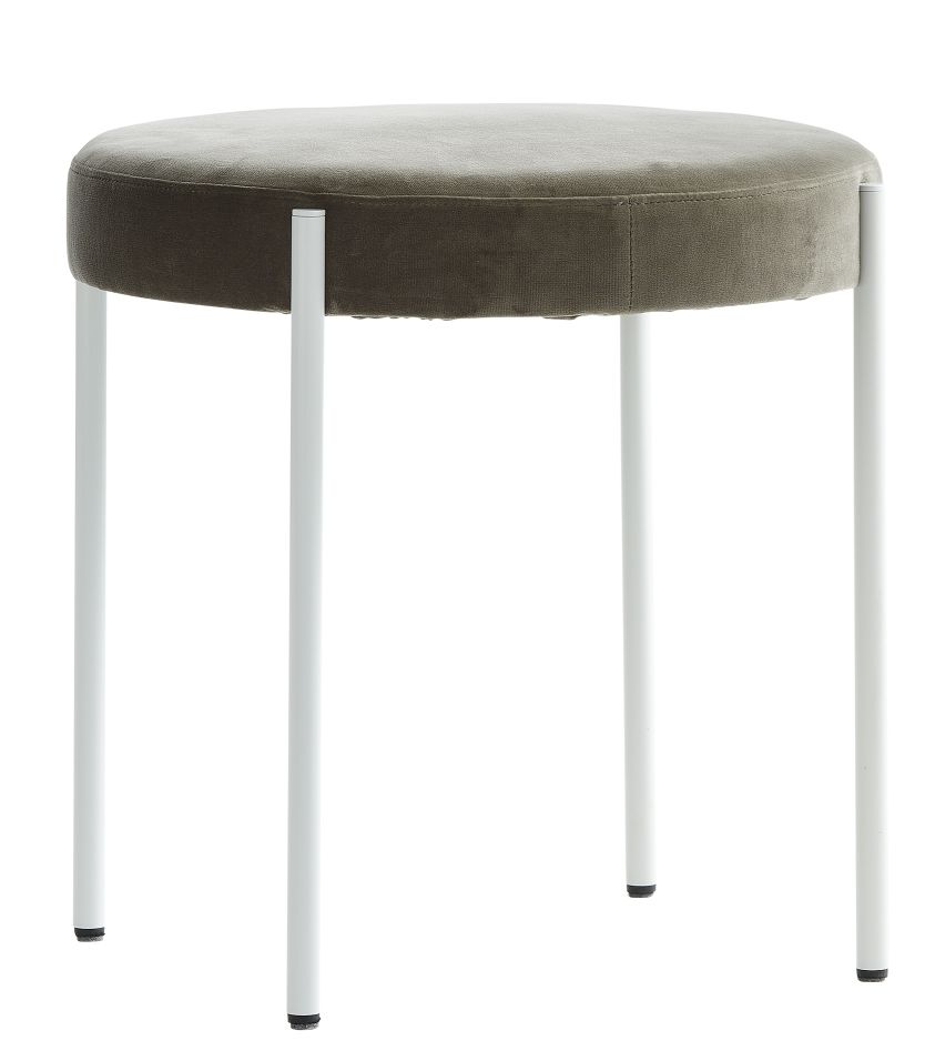 Verpan Hocker Series 430 mit olivgrünem Samtbezug und weißen Beinen. Moderner Sitzhocker.