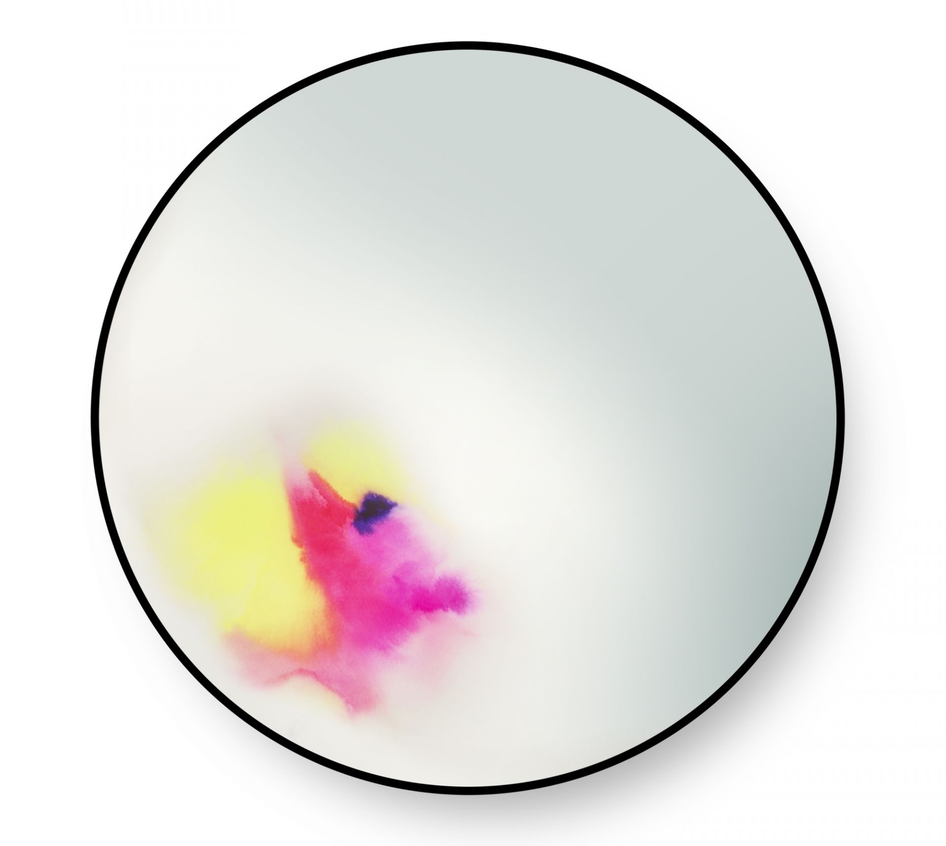 Francis Spiegel von Petite Friture: Runder Wandspiegel mit abstraktem Farbverlauf in Gelb, Pink und Blau.