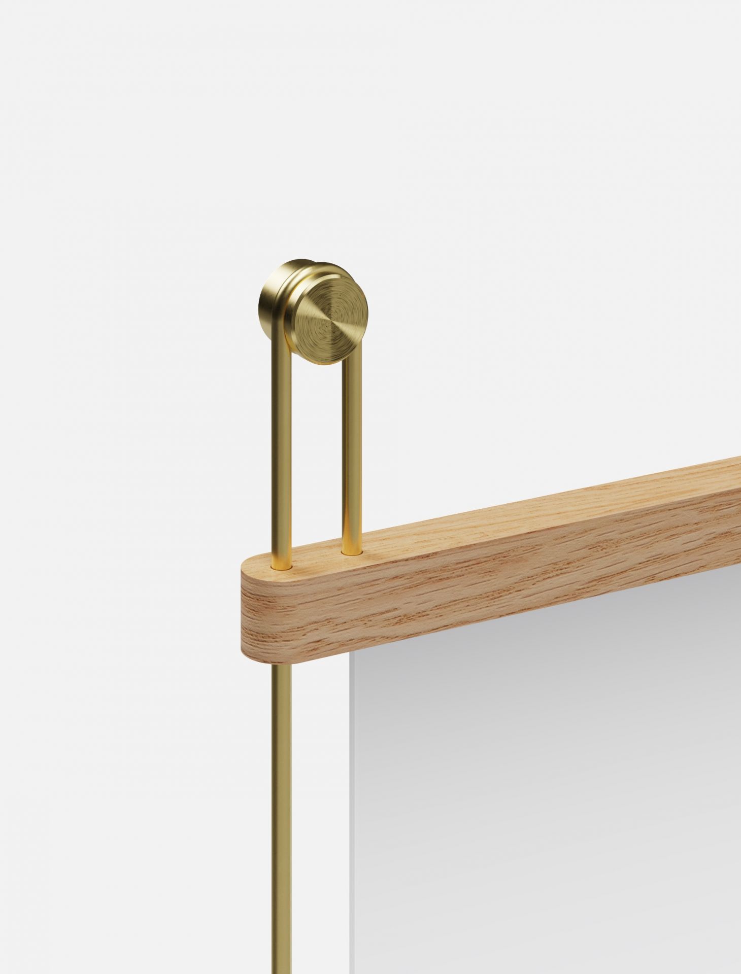 Detailaufnahme: Woud Suspended Mirror Small mit Holzrahmen und goldenen Aufhängungselementen. Design Spiegel.