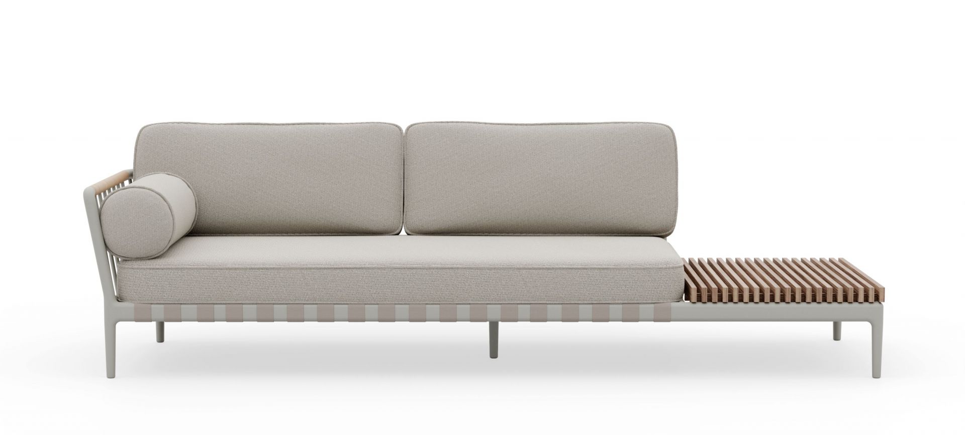 Open-Air Sofa von Vipp mit offenem Ende rechts: modernes Outdoor Sofa mit Holzablage.