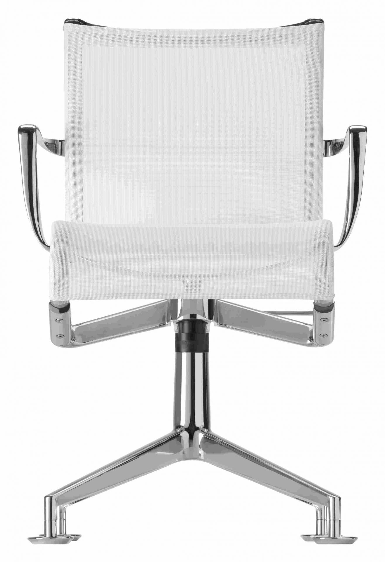 Meetingframe Drehstuhl mit weißem Netzstoff und Chromgestell, Ansicht von hinten. Büro Drehstuhl.
