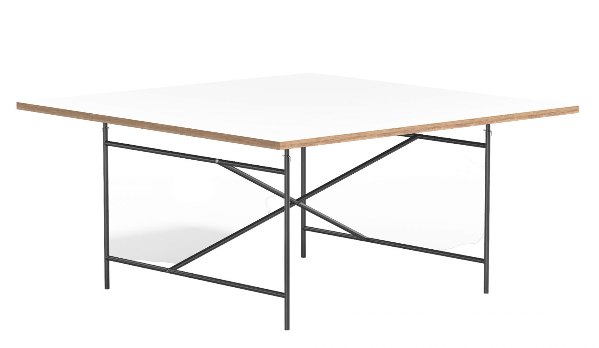 Quadratische, weiße Tischplatte für Eiermann Tisch mit hellem Holzrand und schwarzem Stahlgestell.