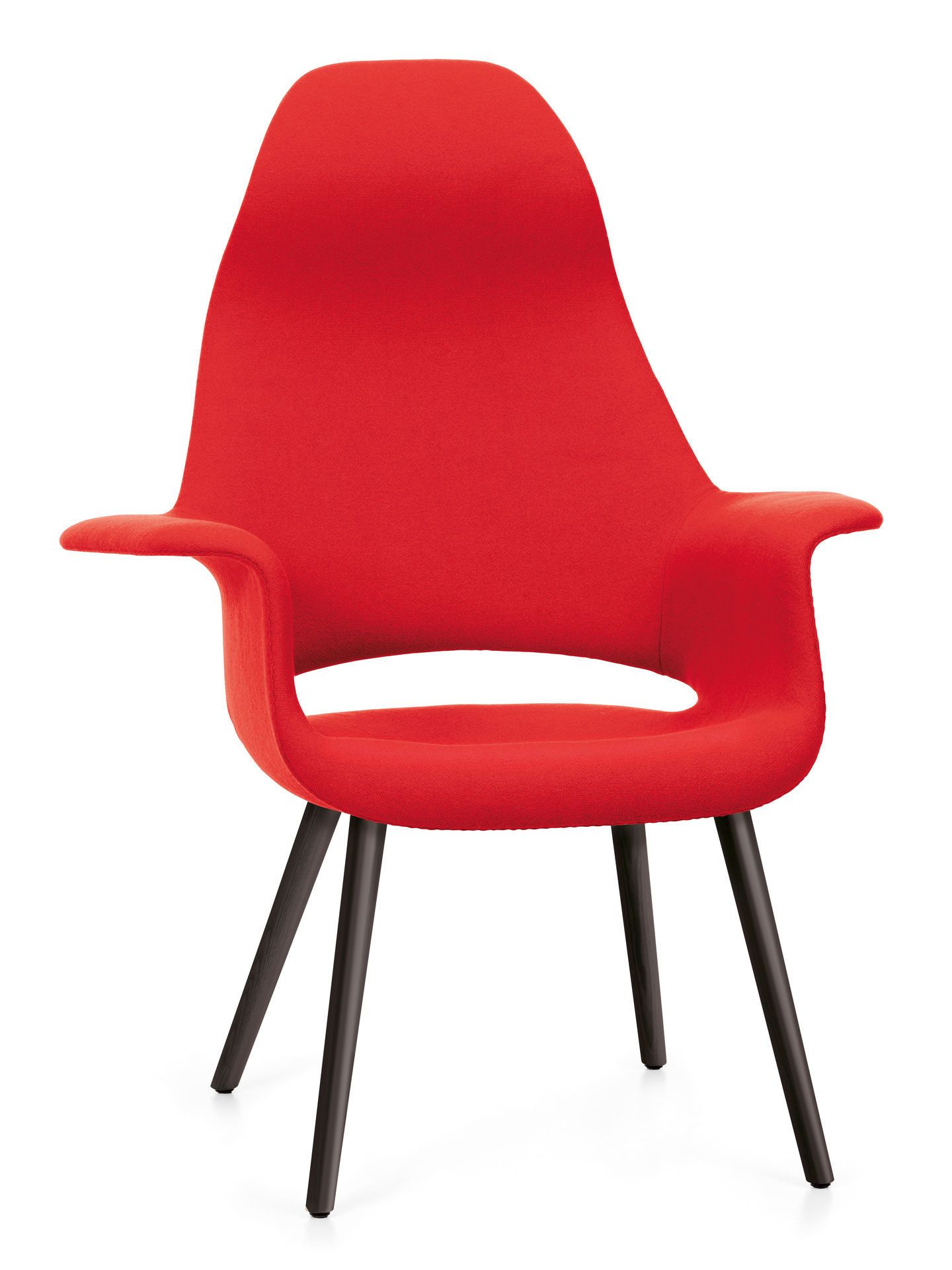 Roter Organic Highback Chair Stuhl von Vitra mit Armlehnen und dunklen Holzbeinen. Designklassiker.