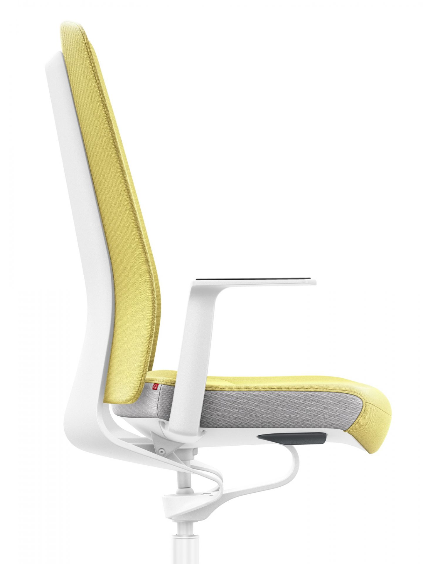 Gelber Interstuhl Bürostuhl, Pure Edition, Seitenansicht. Ergonomischer Drehstuhl mit Armlehnen und weißem Gestell.