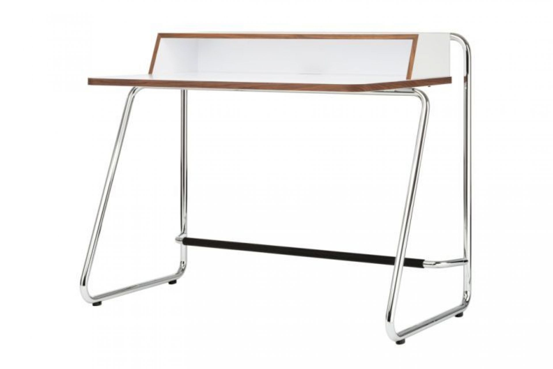 S 1200 Thonet Sekretär mit weißer Arbeitsfläche, Ablage und verchromtem Stahlrohrgestell.