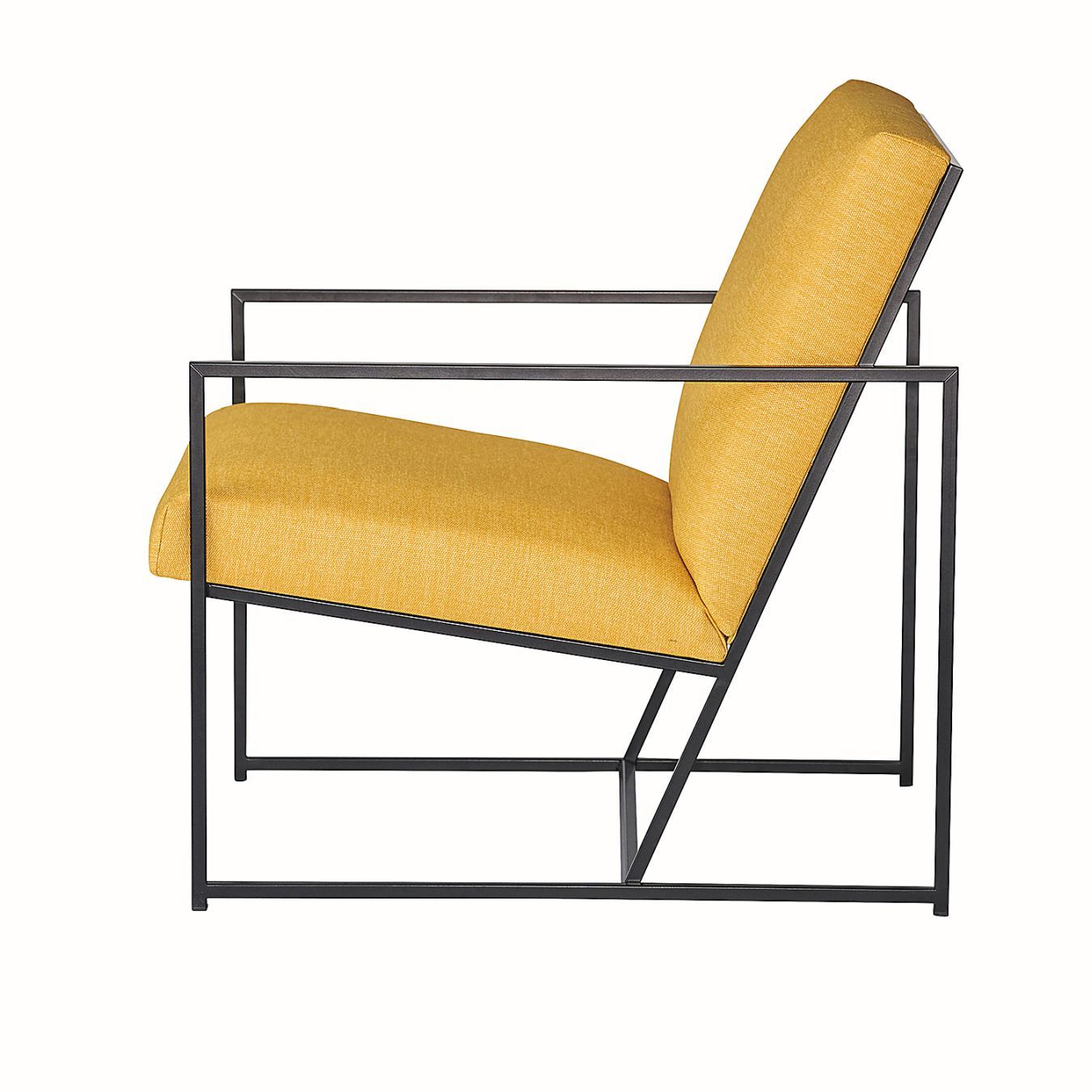 Gelber Sessel im Style von Jan Kurtz mit schwarzem Metallgestell, Seitenansicht. Designermöbel für Wohnzimmer.
