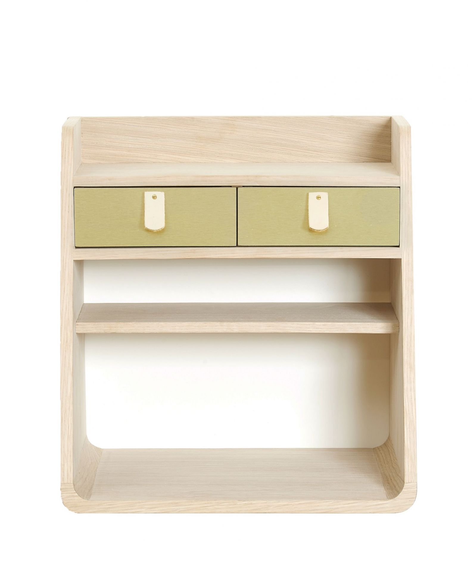 Suzon Wandschrank von Hartô: Moderner Eiche-Wandschrank mit zwei grünen Schubladen und Messingdetails.