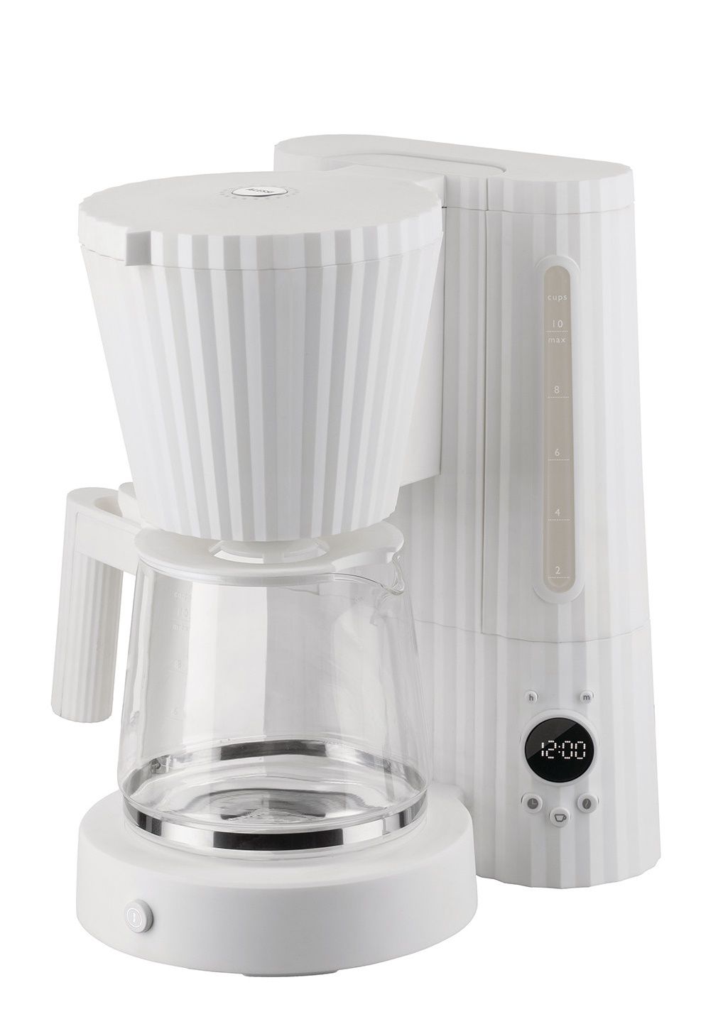 Weiße Alessi Plissé Filterkaffeemaschine MDL14 mit Glaskanne und digitaler Anzeige für aromatischen Filterkaffee.