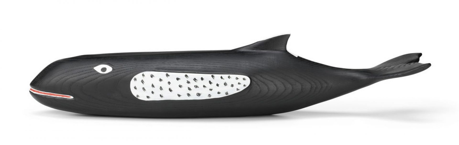 Schwarze Eames House Whale Holzskulptur von Vitra, seitliche Ansicht, modernes Designobjekt für Wohnaccessoires.