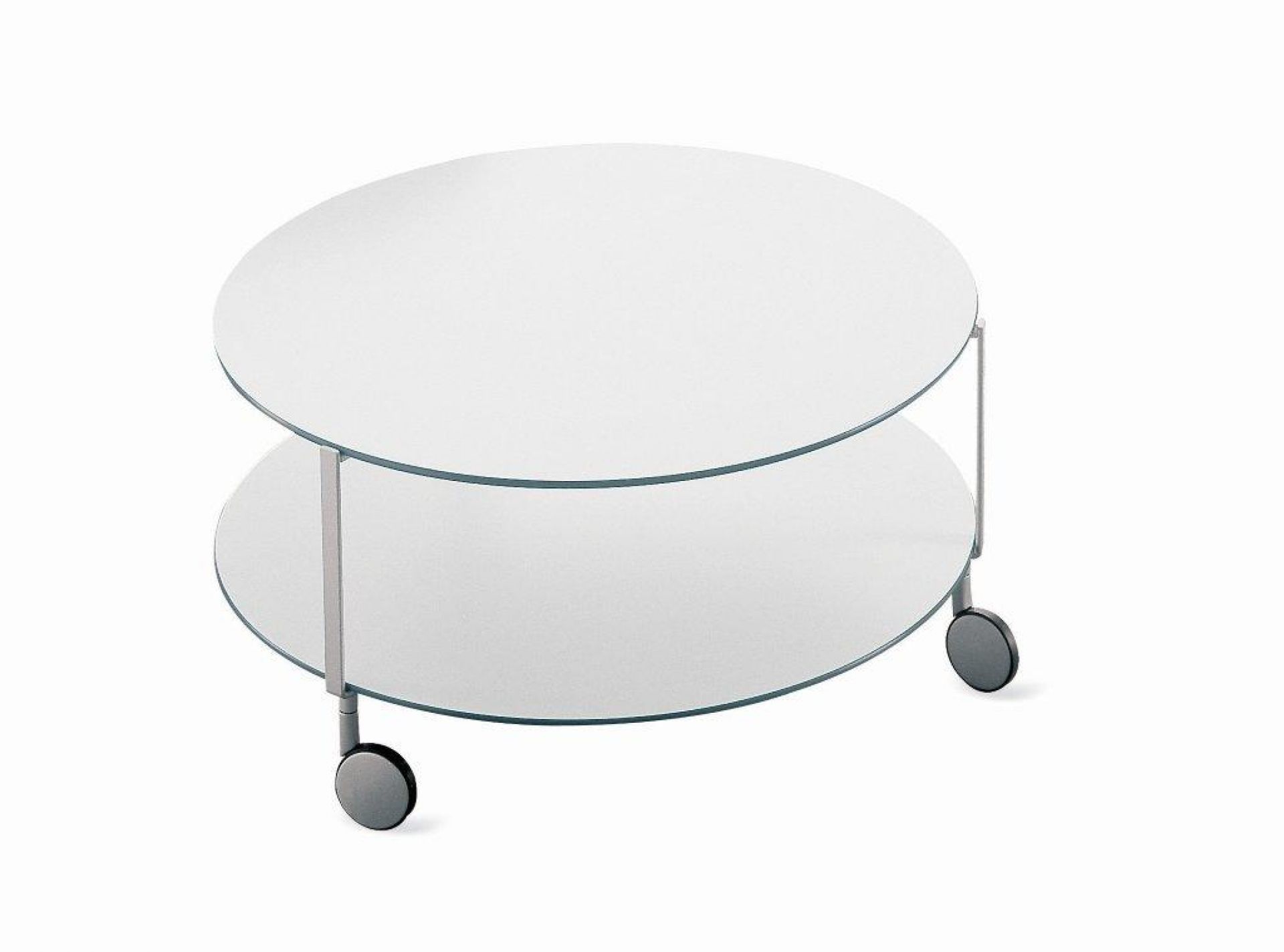 Giro Beistelltisch von Zanotta: Runder, weißer Beistelltisch mit zwei Ebenen und Rollen.