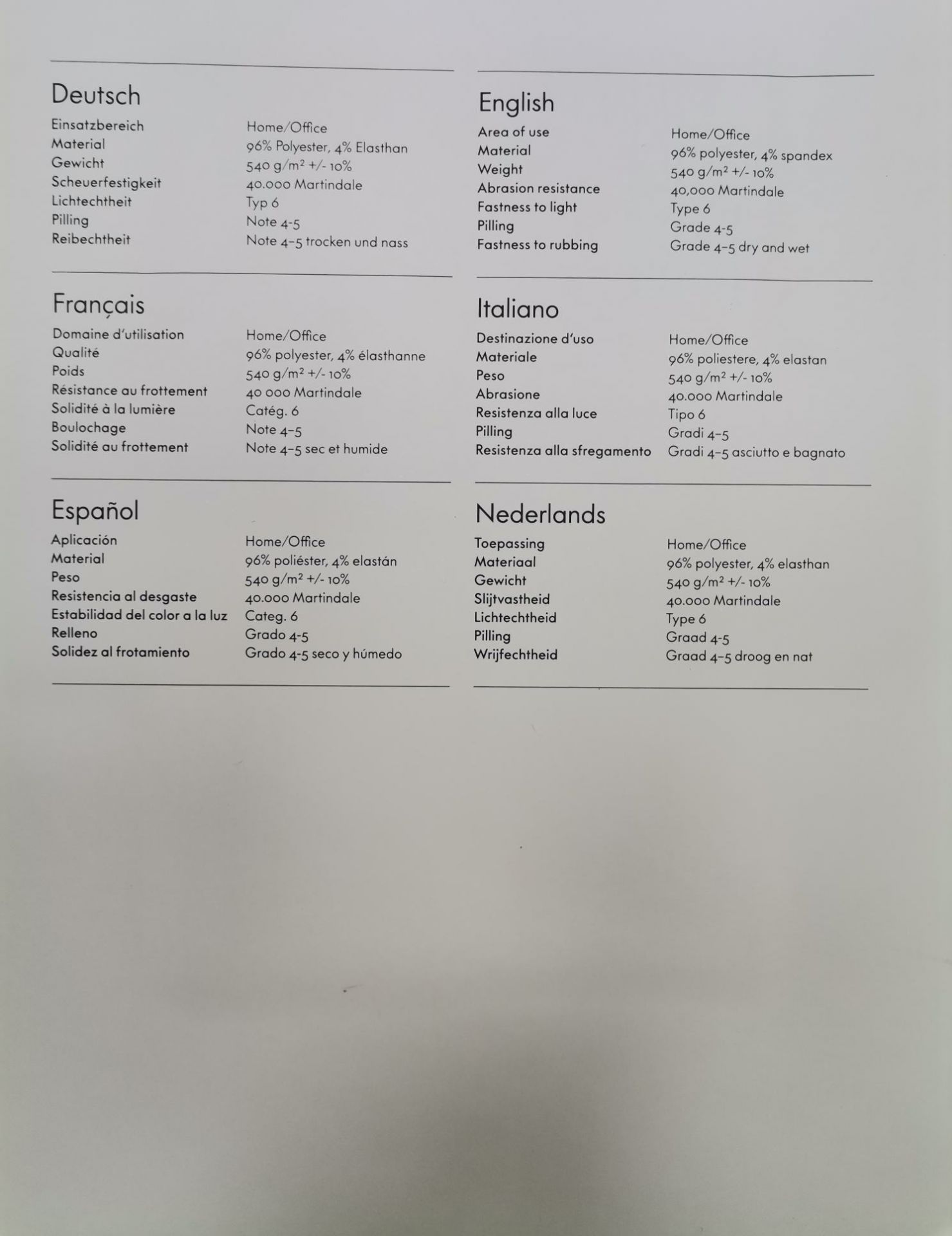 Detailaufnahme der Stoffmusterkarte Duo Knit Vitra: Materialeigenschaften und technische Daten.