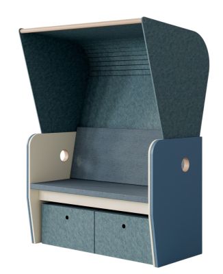 Blauer Palmberg Strandkorb als Rückzugsort mit Sitzkissen und Stauraum für Büro oder Lounge.