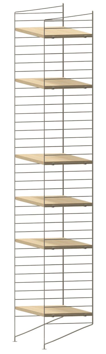 Wohnzimmer String Furniture Regalsystem KONFIGURATIONEN L5 mit hellem Holz und filigranem Metallgestell.