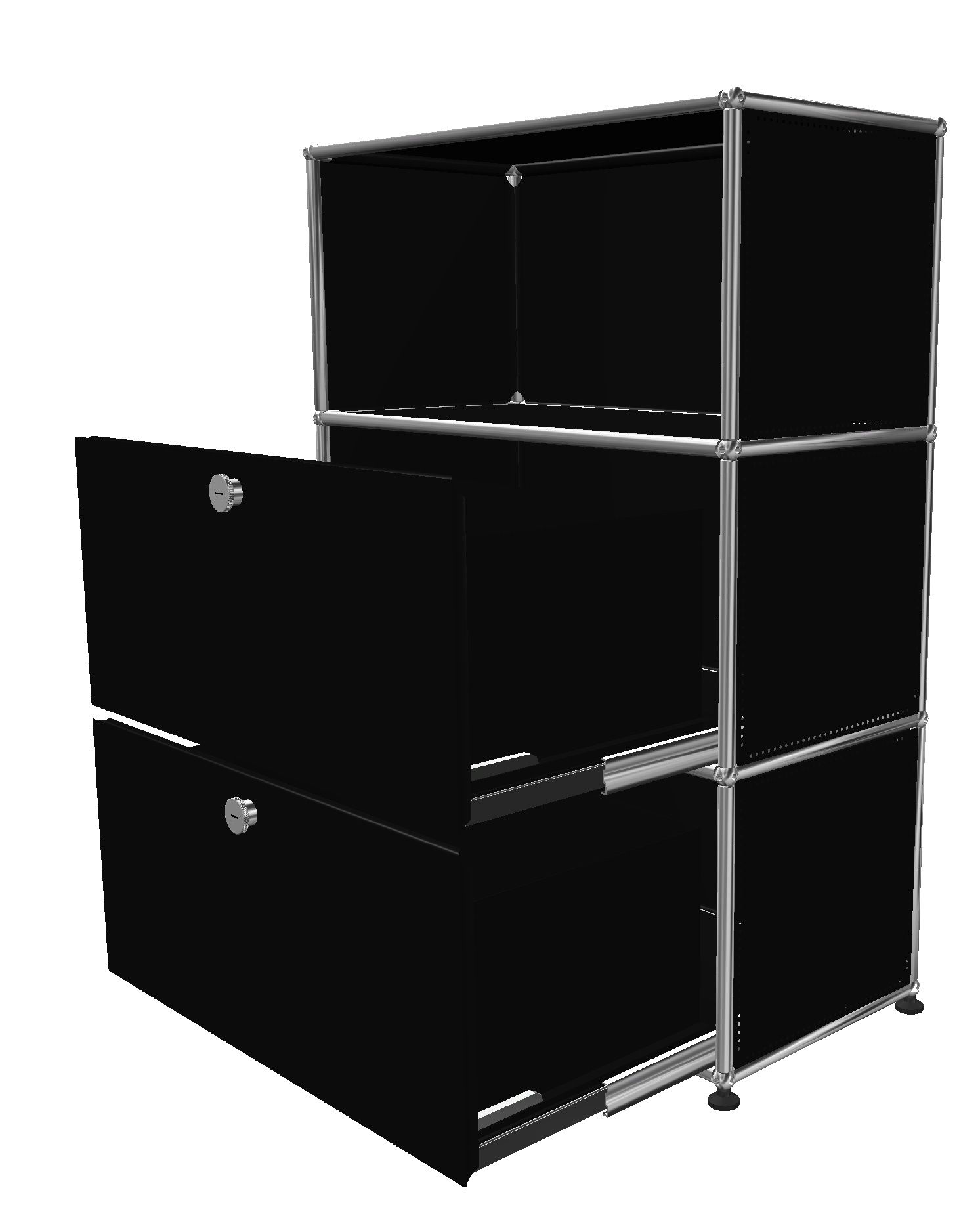 USM Haller Highboard in Graphitschwarz mit einem offenen Fach und zwei Schubladen, modernes Design.