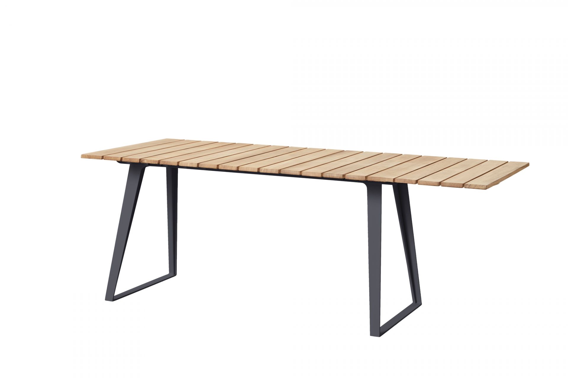 Cane-Line Copenhagen Esstisch aus Teakholz mit modernem, grauem Gestell für den Außenbereich.
