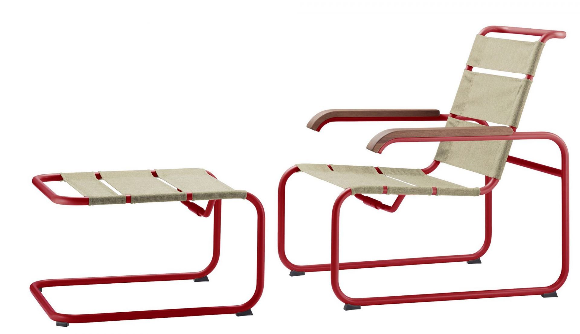 Thonet S 35 NH All Seasons Outdoor Hocker und Sessel mit rotem Stahlrohrgestell und Textilbespannung.