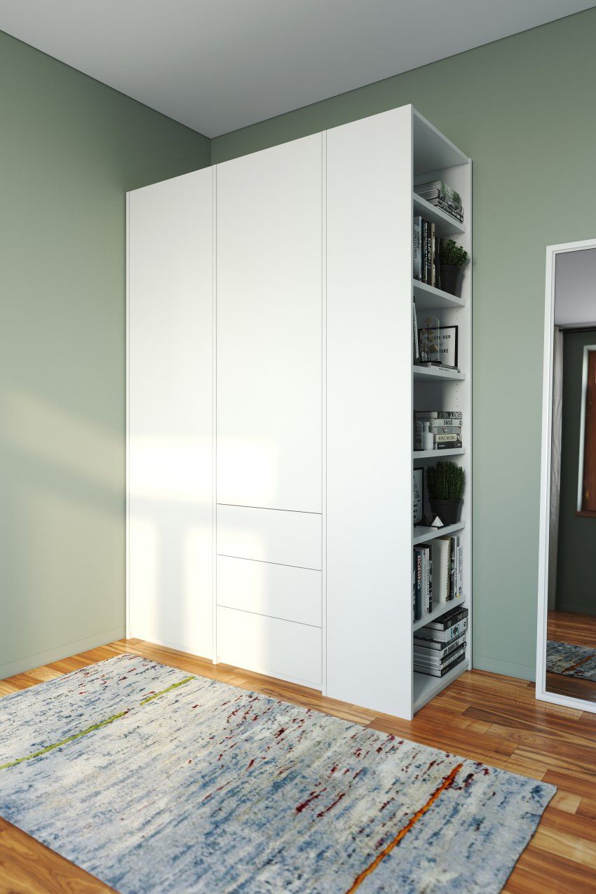 Weißer MODULAR PLUS Schrank von Müller Möbelwerkstätten mit Anbauregal und drei Schubladen.