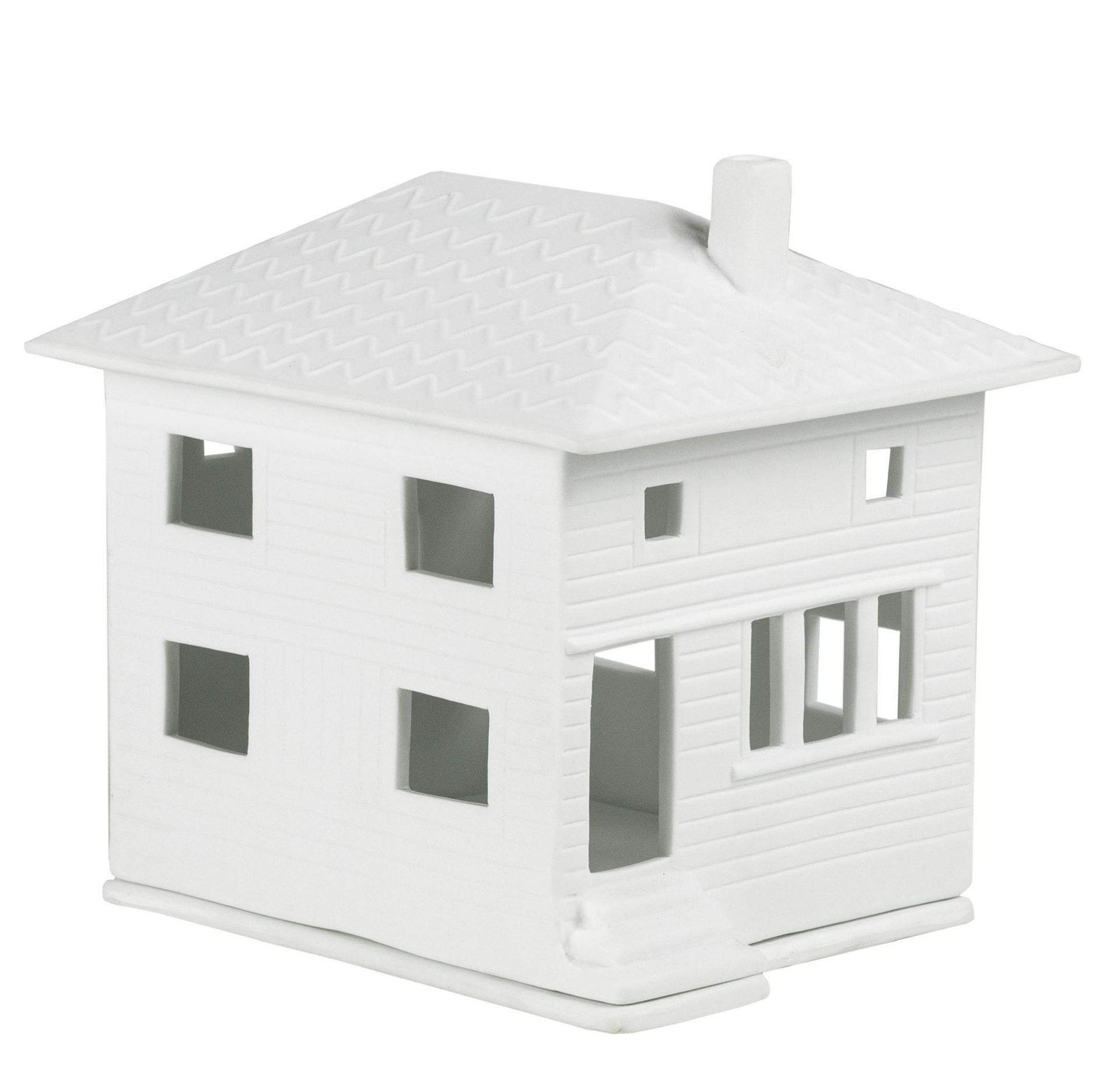 Weißes Lichthaus Stadtvilla Räder aus Keramik, detailreiche Fenster und Dachstruktur, stimmungsvolle Dekoration.