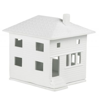 Weißes Lichthaus Stadtvilla Räder aus Keramik, detailreiche Fenster und Dachstruktur, stimmungsvolle Dekoration.