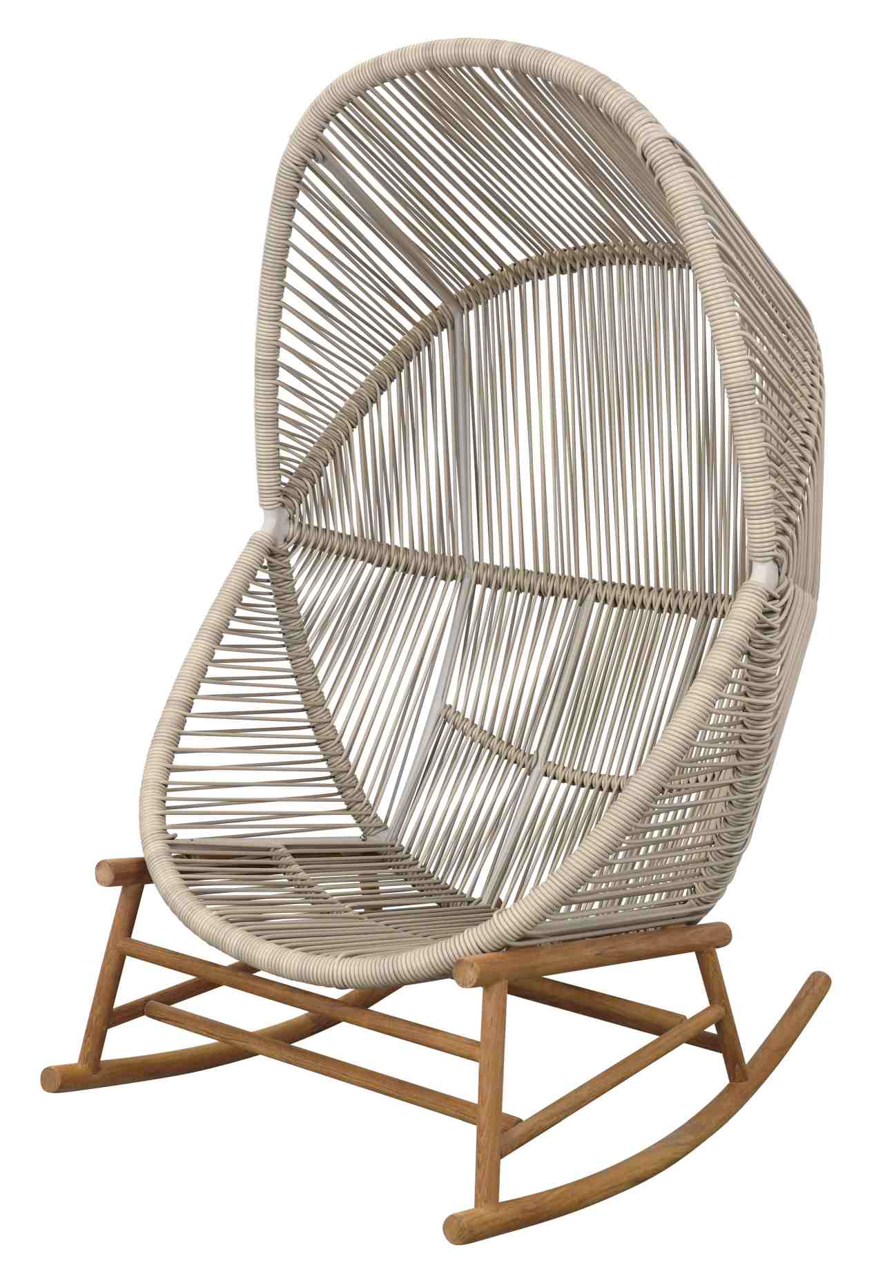 Beige Hive Schaukelstuhl von Cane-Line für den Außenbereich mit Holzgestell und Rattan-Optik.