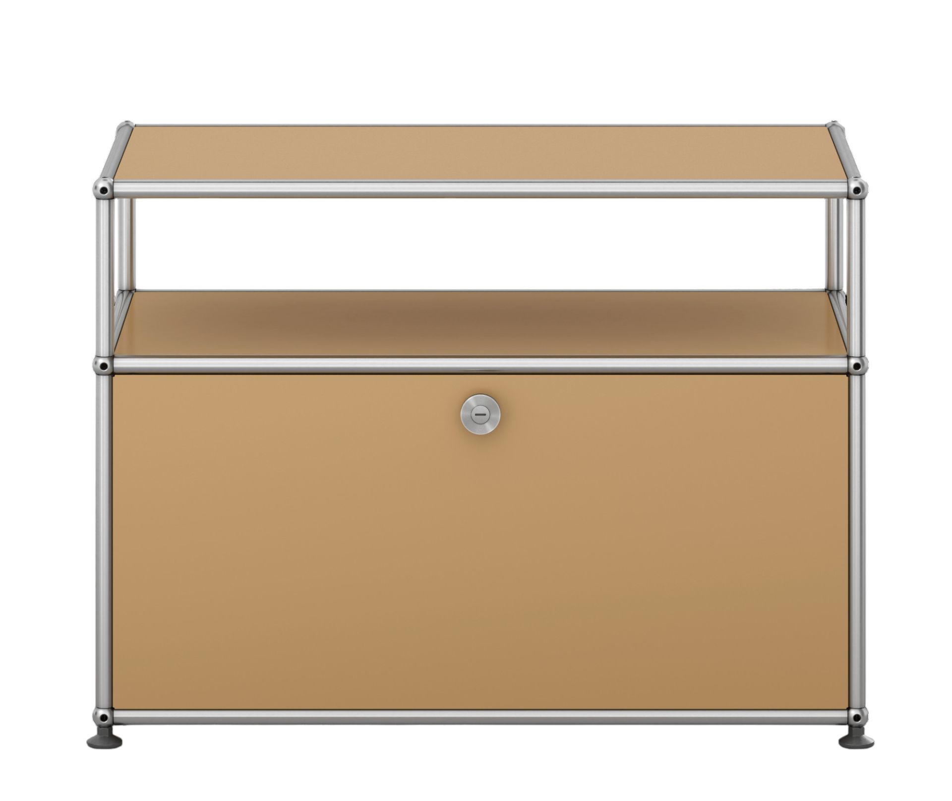 Beige USM Haller Möbel mit Klappe und Regalfach, modernes Design für Wohnzimmer und Büro.