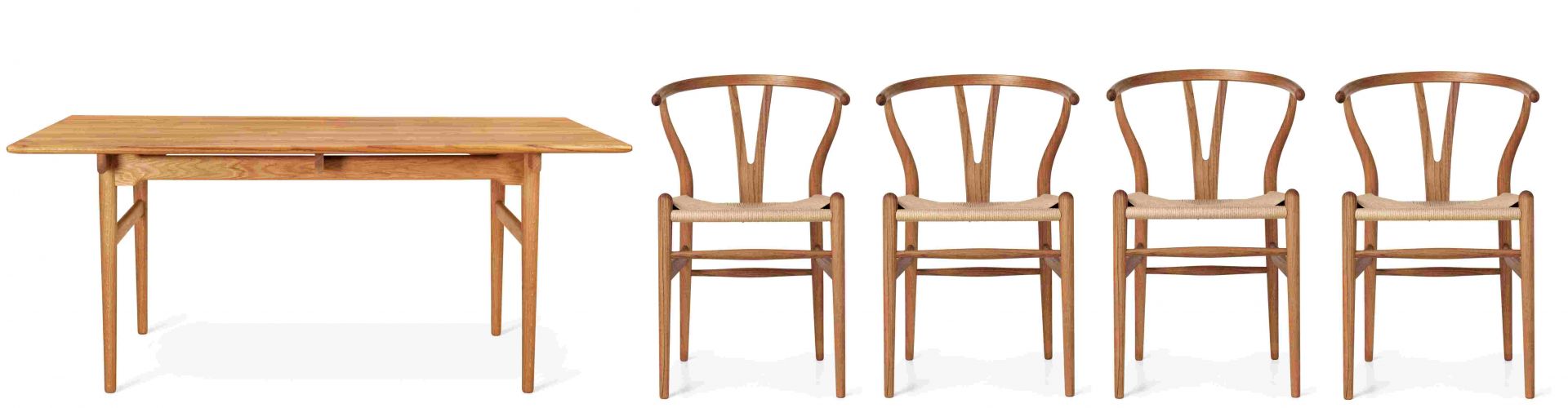 Esszimmer-Set: Teakholztisch mit vier CH24 Wishbone Stühlen von Carl Hansen & Søn.