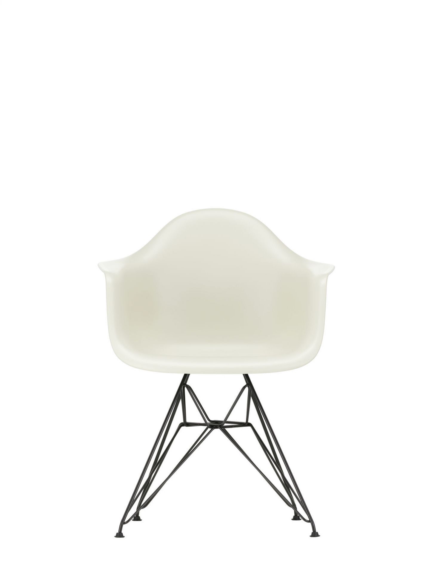 Eames Plastic Arm Chair, Vitra Design Stuhl mit schwarzem Untergestell, Ansicht von vorne.