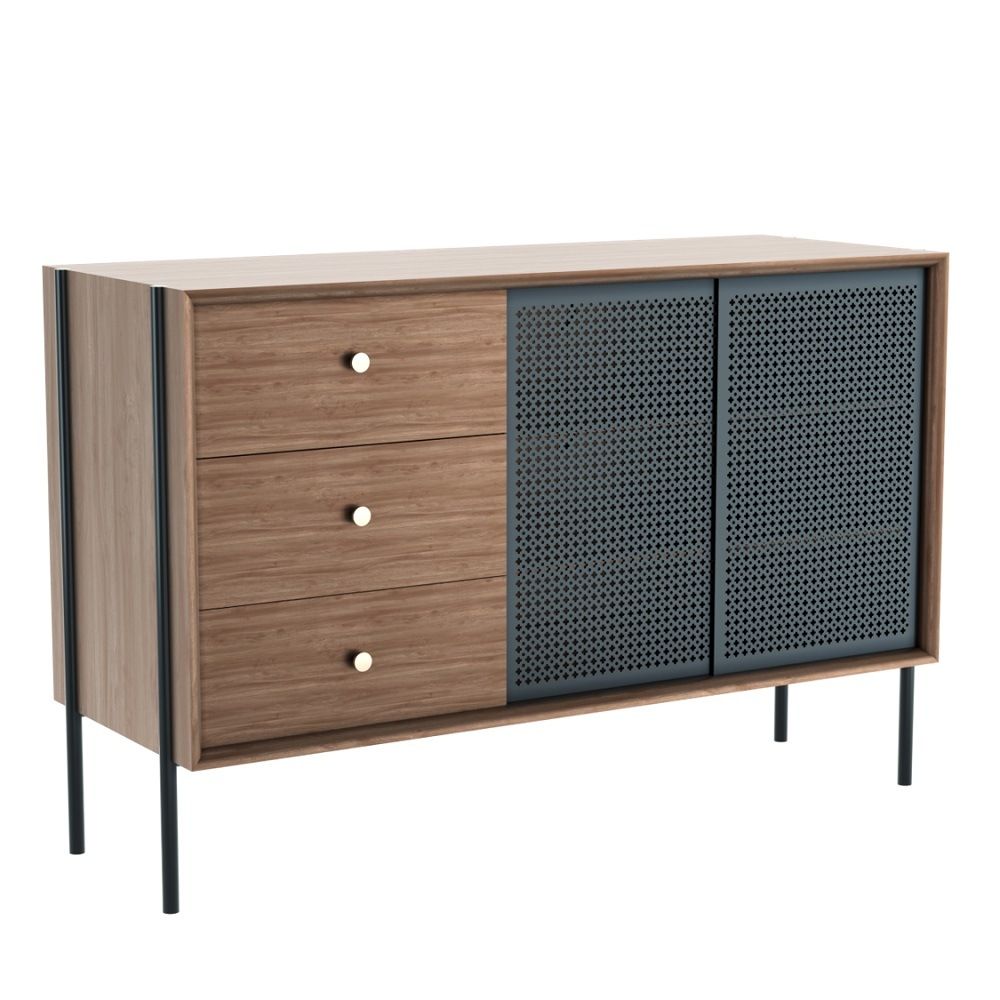Gabin Sideboard von Hartô: Holz Kommode mit drei Schubladen und perforierten Schiebetüren.