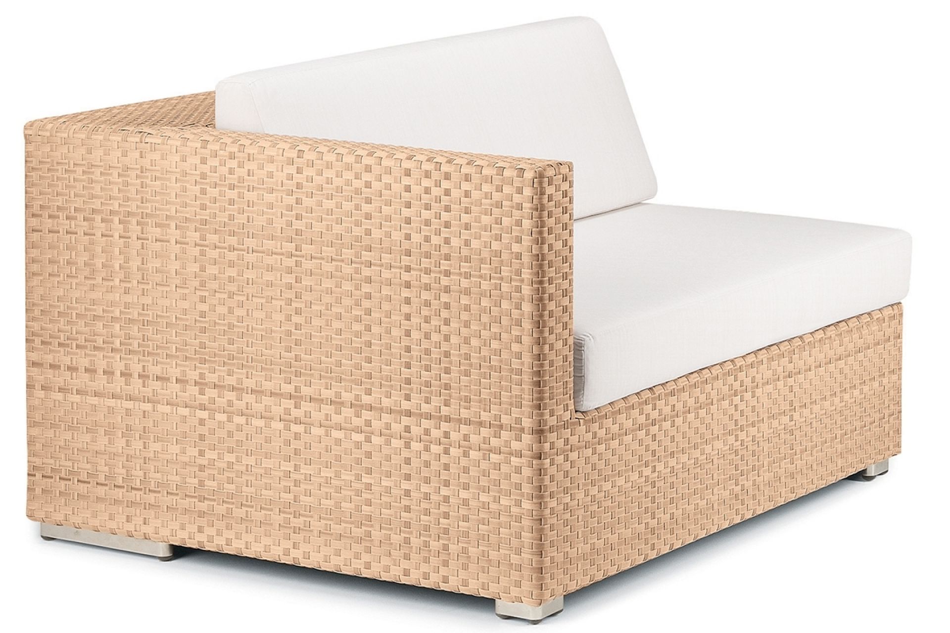 Dedon Lounge Modul rechts: Gartenmöbel Lounge Sessel aus Rattan mit weißen Kissen.