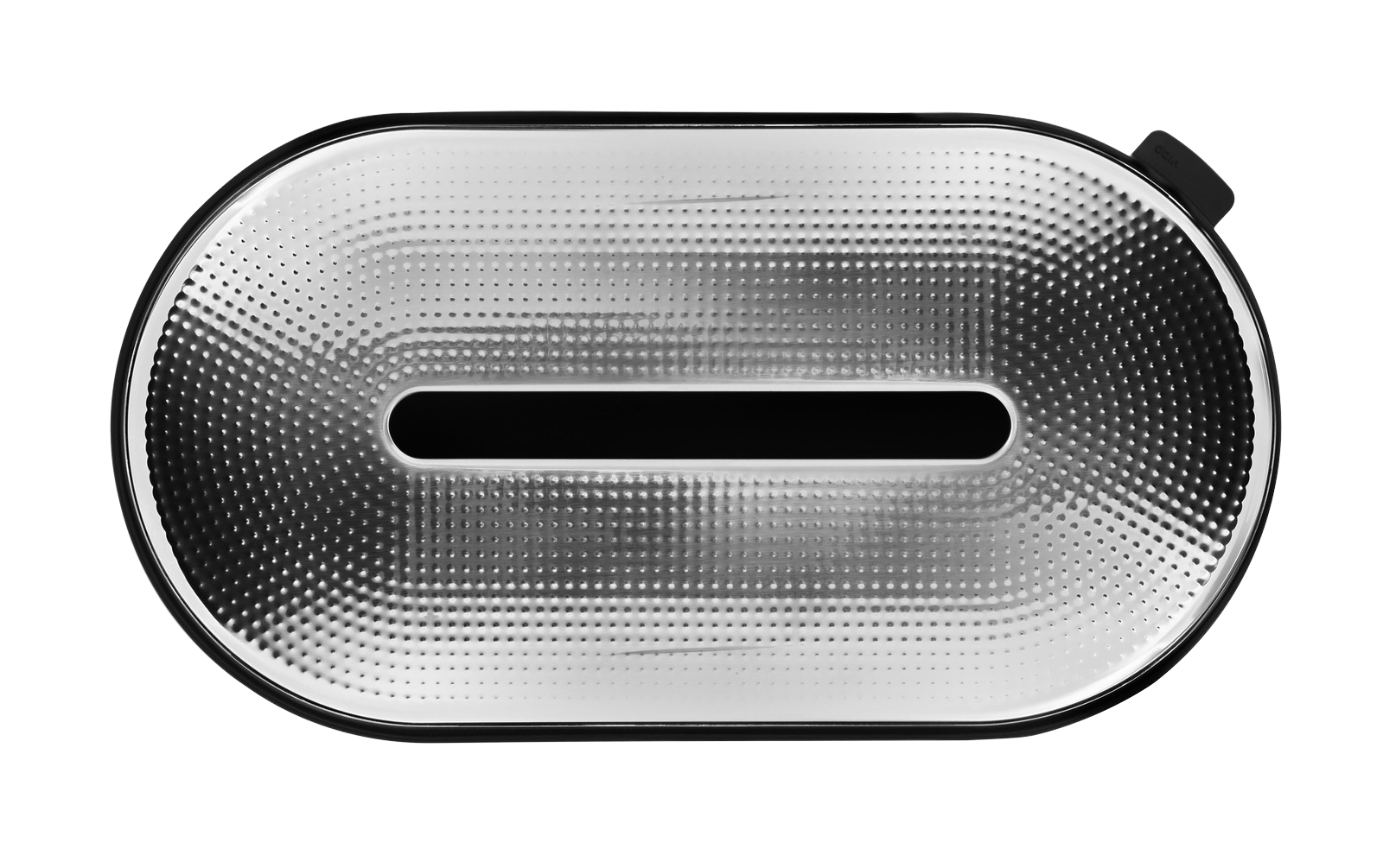 Nahaufnahme des Vipp Brotkasten EINZELSTÜCK aus Edelstahl mit geprägter Oberfläche und schwarzem Rand.