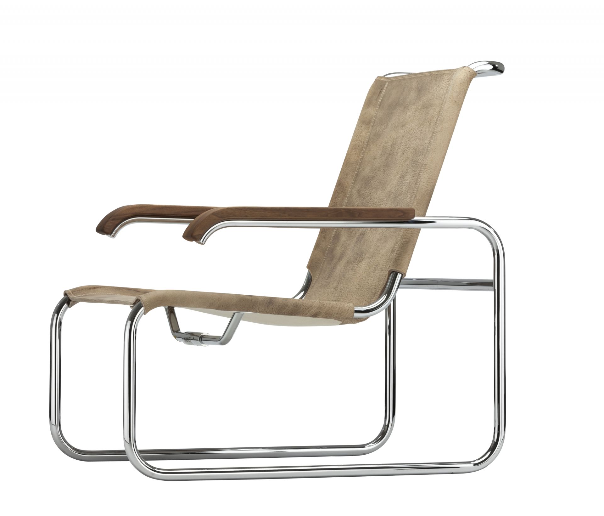 S 35 L Thonet Sessel mit verchromtem Stahlrohrgestell und beigem Lederbezug. Designklassiker.