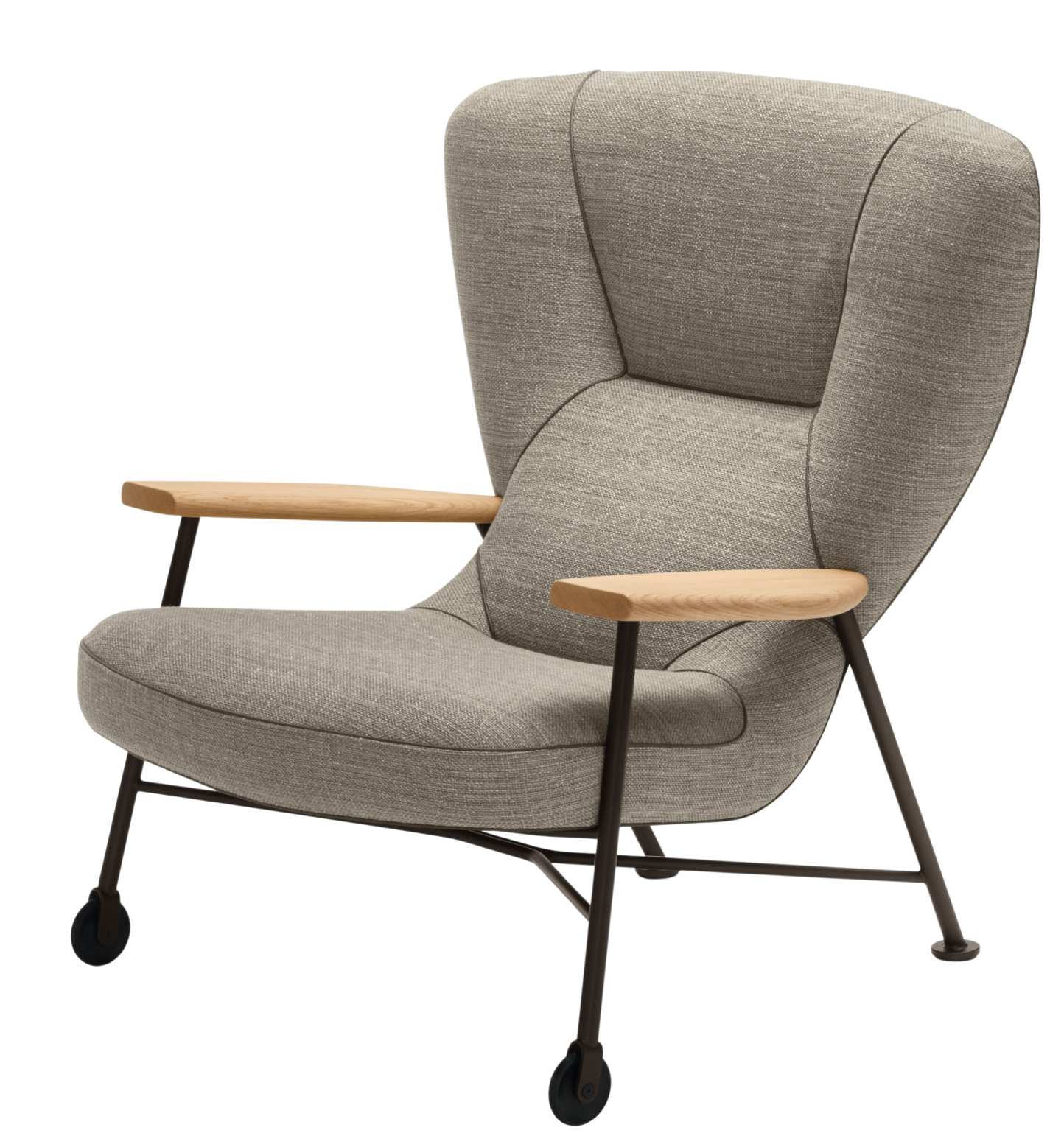 Grauer Shinzo Lounge Chair Sessel von Walter Knoll mit Holzarmlehnen und Rollen.