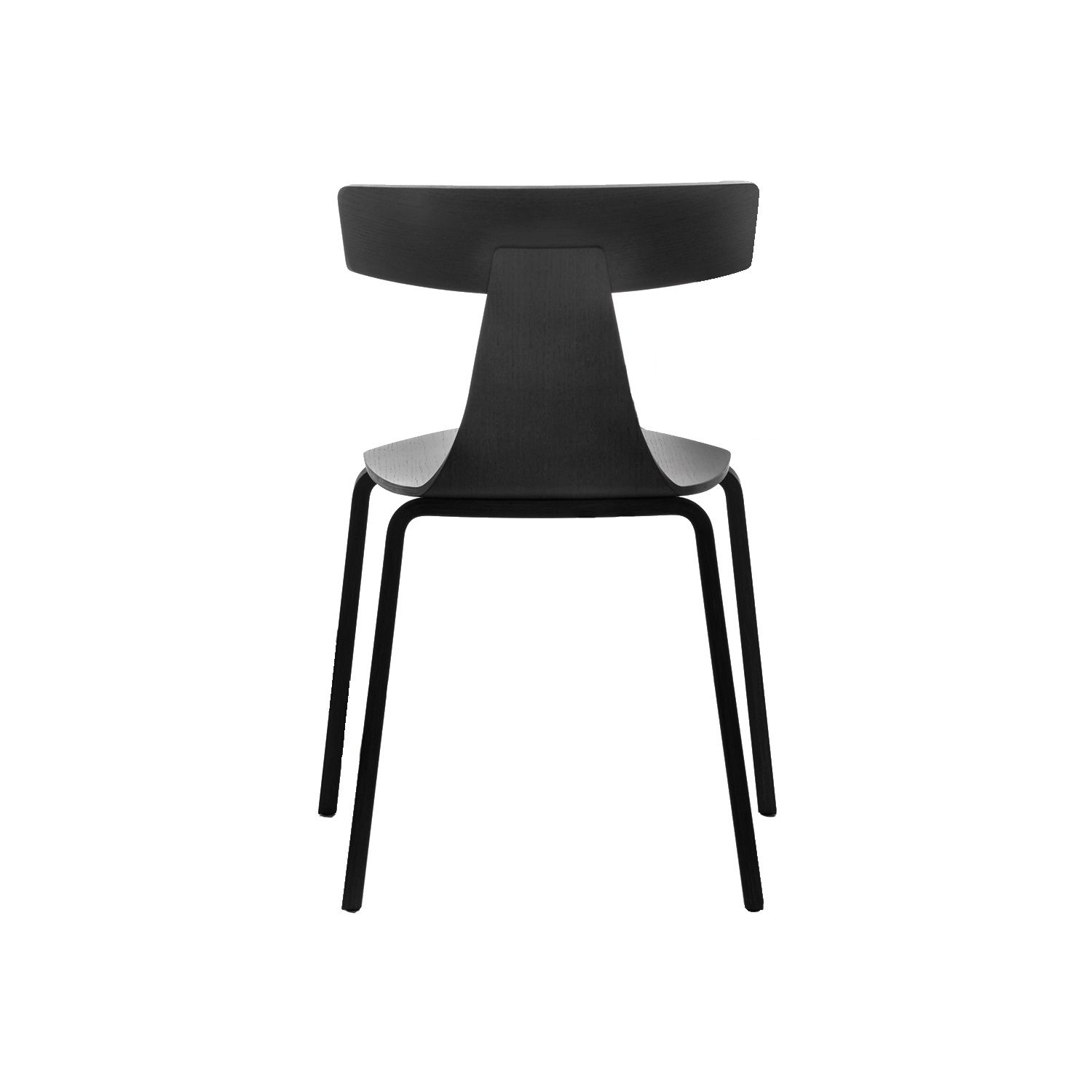 Rückansicht des Remo Holzstuhls in Esche schwarz mit minimalistischem Design und schwarzen Beinen.
